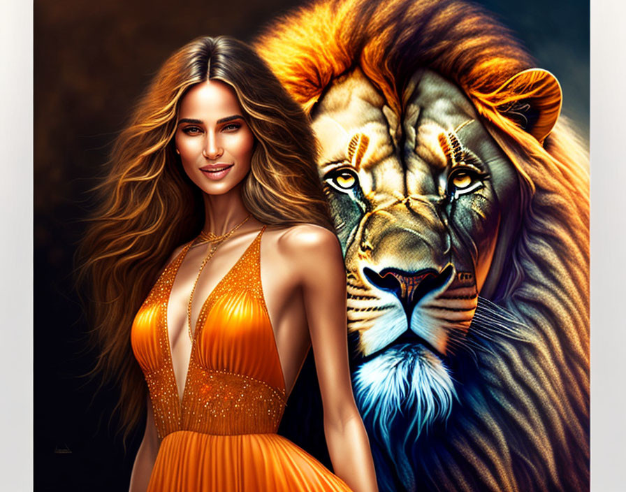 Woman in orange dress merged with lion in visual blend