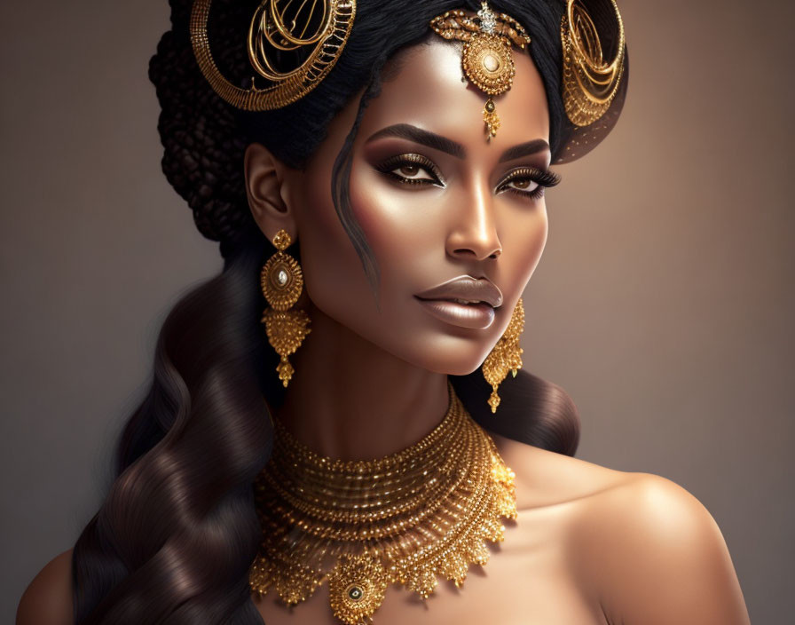 Striking makeup and intricate gold jewelry on woman with strong presence