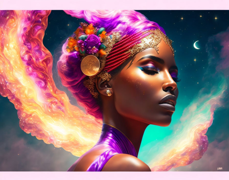 Purple-skinned woman with cosmic hair and floral headpieces in starry sky setting