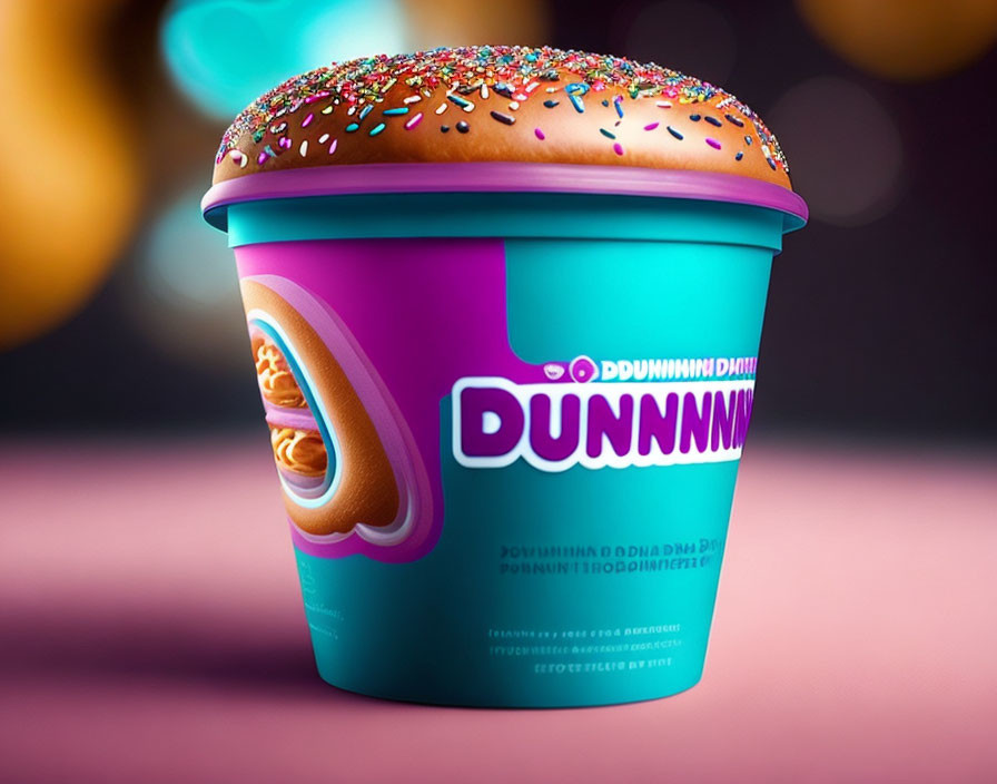 Colorful Dunkin' cup with doughnut lid and multicolored sprinkles on blurred background