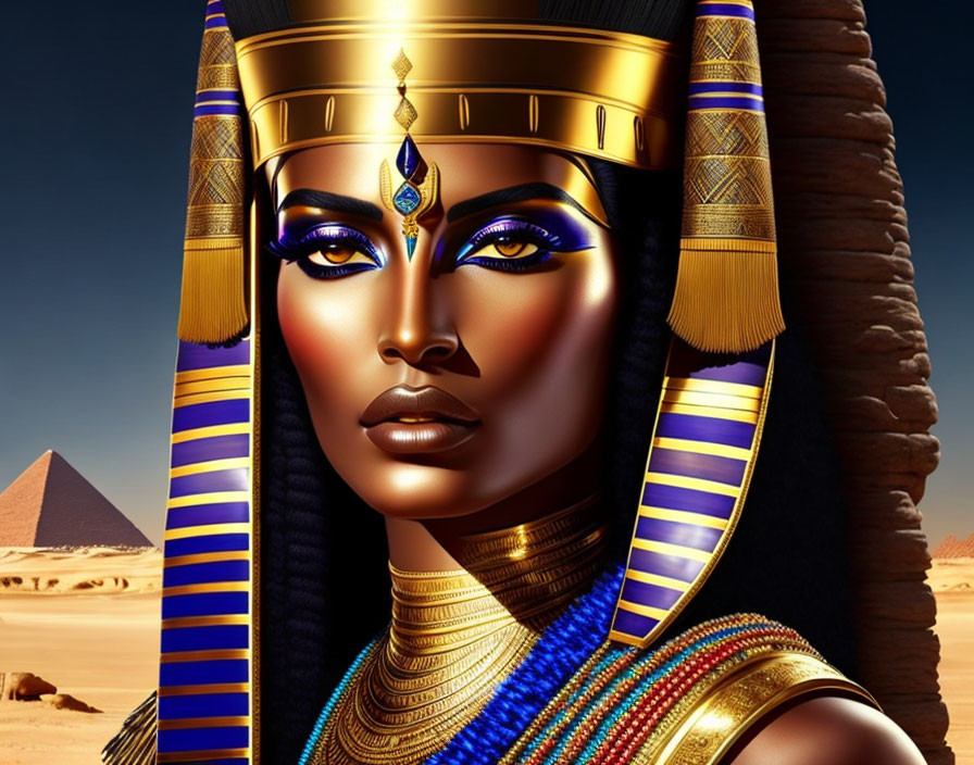 Ancient Egyptian queen with traditional attire by pyramids