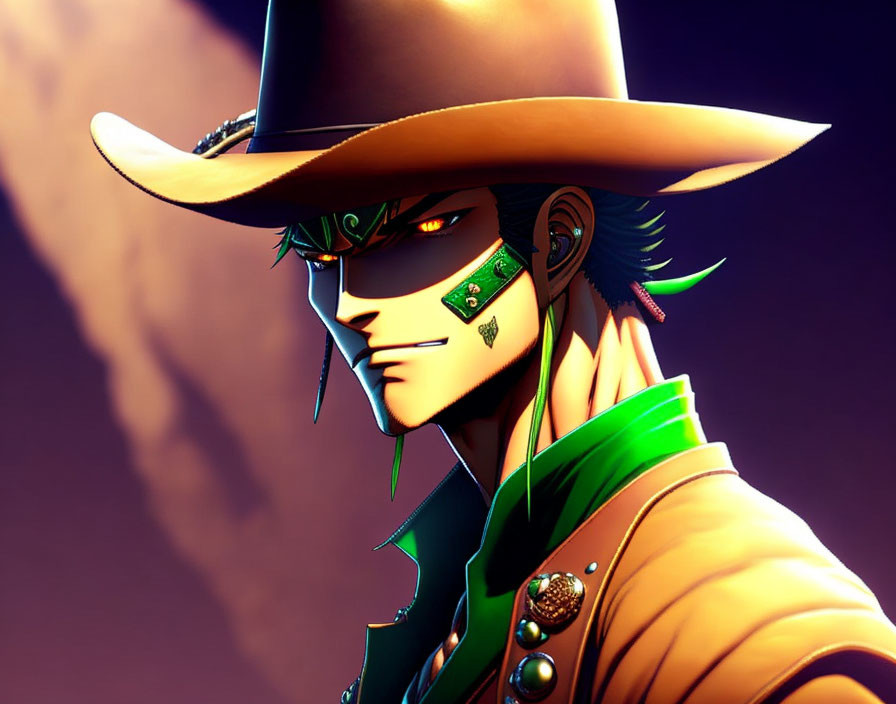 Stylized anime character in cowboy hat and eyepatch on purple background