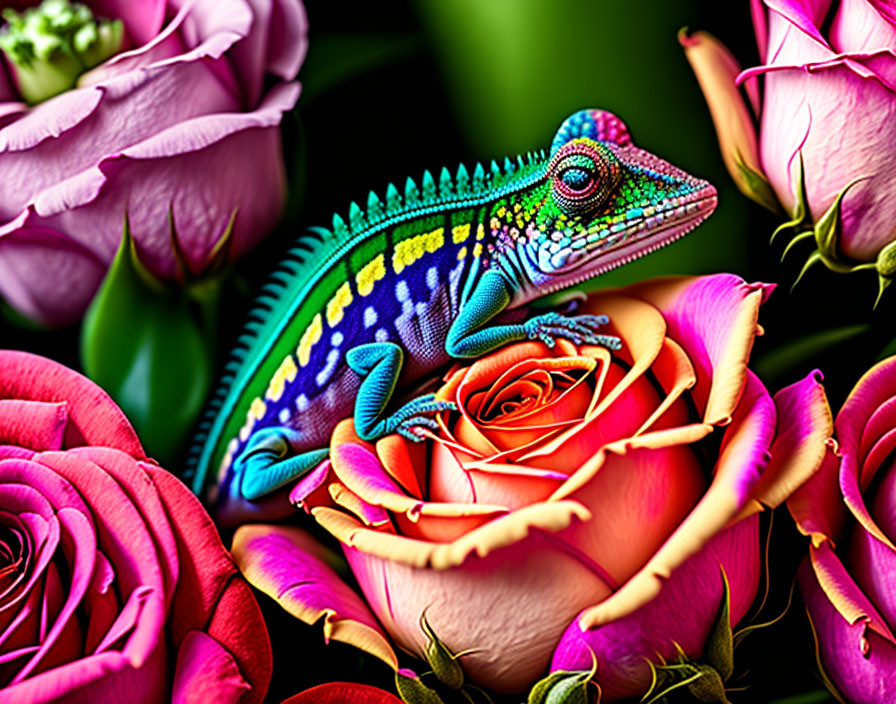 Colorful Chameleon Resting on Pink Roses in Vibrant Image