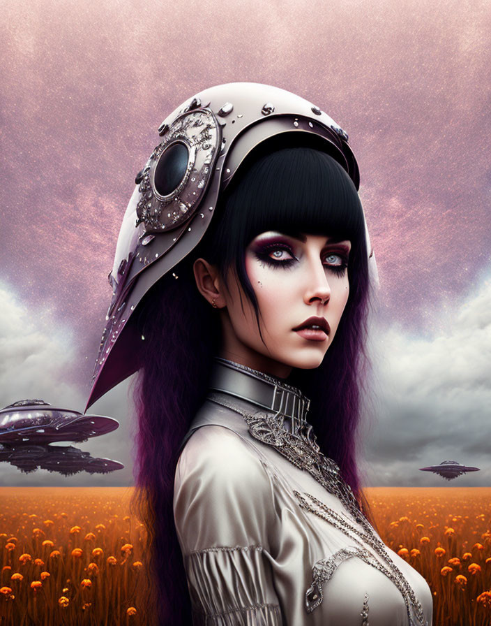 Purple-Haired Gothic Woman in Futuristic Warrior Headgear with UFOs in Dreamy Meadow