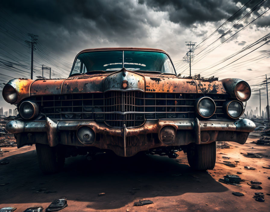 Decaying vintage car under cloudy sky and power lines