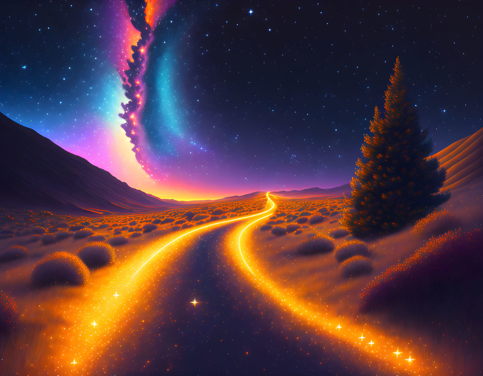 Luminous path in mystical night landscape with glowing aurora and lone tree