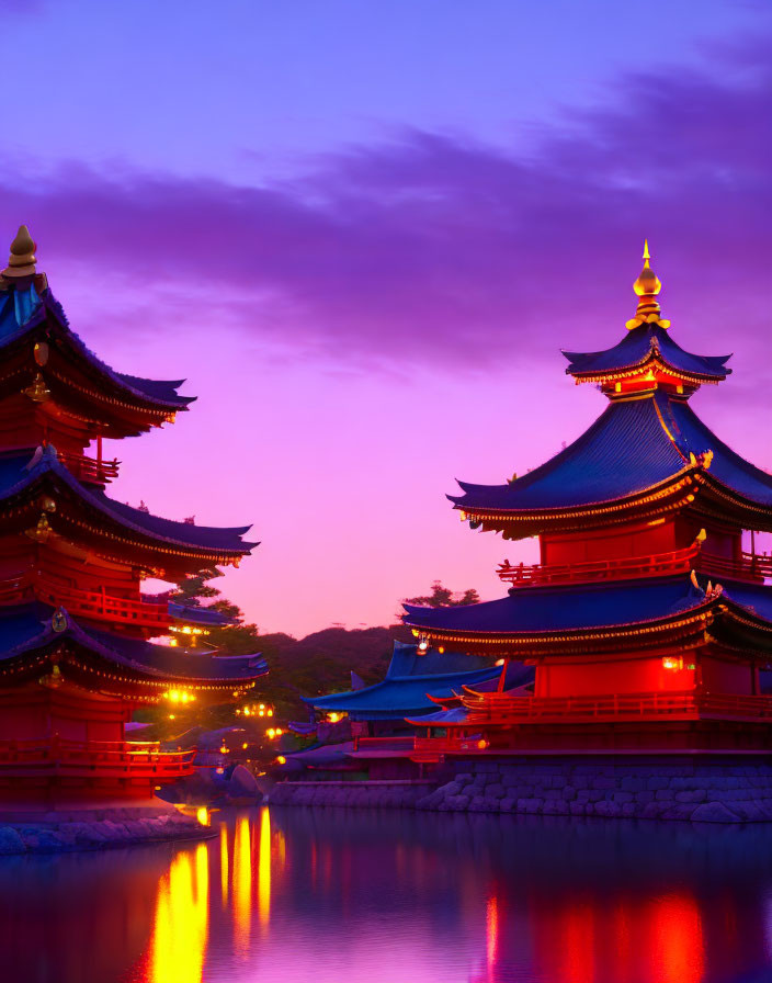 Vibrant Dusk Sky Over Japanese Pagodas and Serene Water