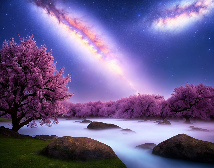 Cherry Blossom Nightscape with Galaxy and Misty Rocks