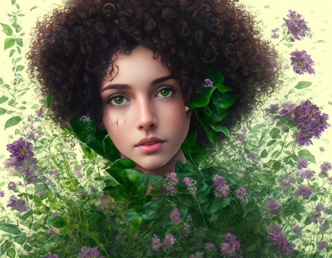 Digital artwork: Woman with curly hair and green eyes in garden of purple flowers