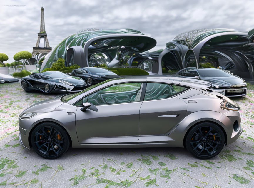 Futuristic Silver Car with Abstract Buildings and Eiffel Tower in Background