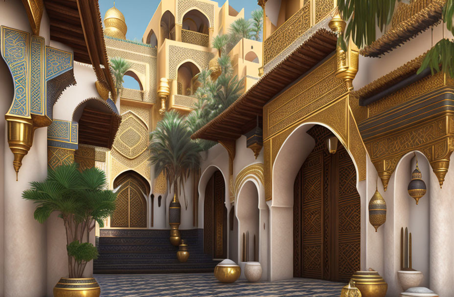 Moroccan courtyard with arches, tile work, and palm trees