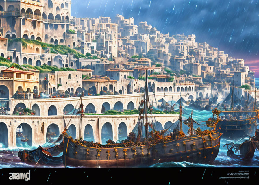 Medieval coastal city scene during a rainstorm with ships and stone arches