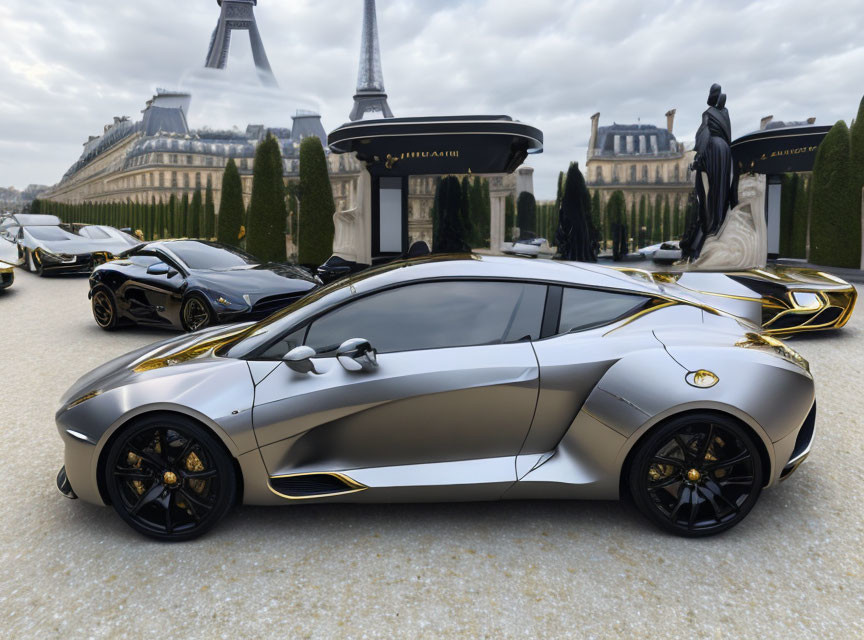 Luxury Sports Car with Gold and Black Design at Eiffel Tower