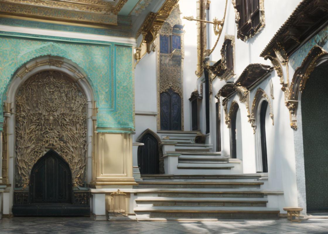 Traditional architectural design featuring elegant archways, ornate doors, and decorative exterior under clear skies