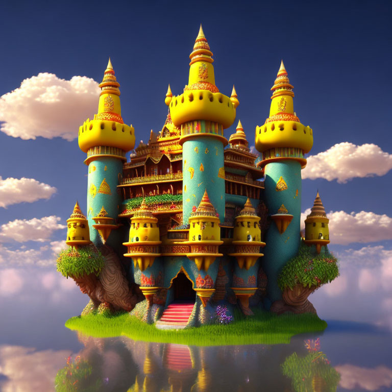 Colorful floating castle with towers against puffy clouds in blue sky