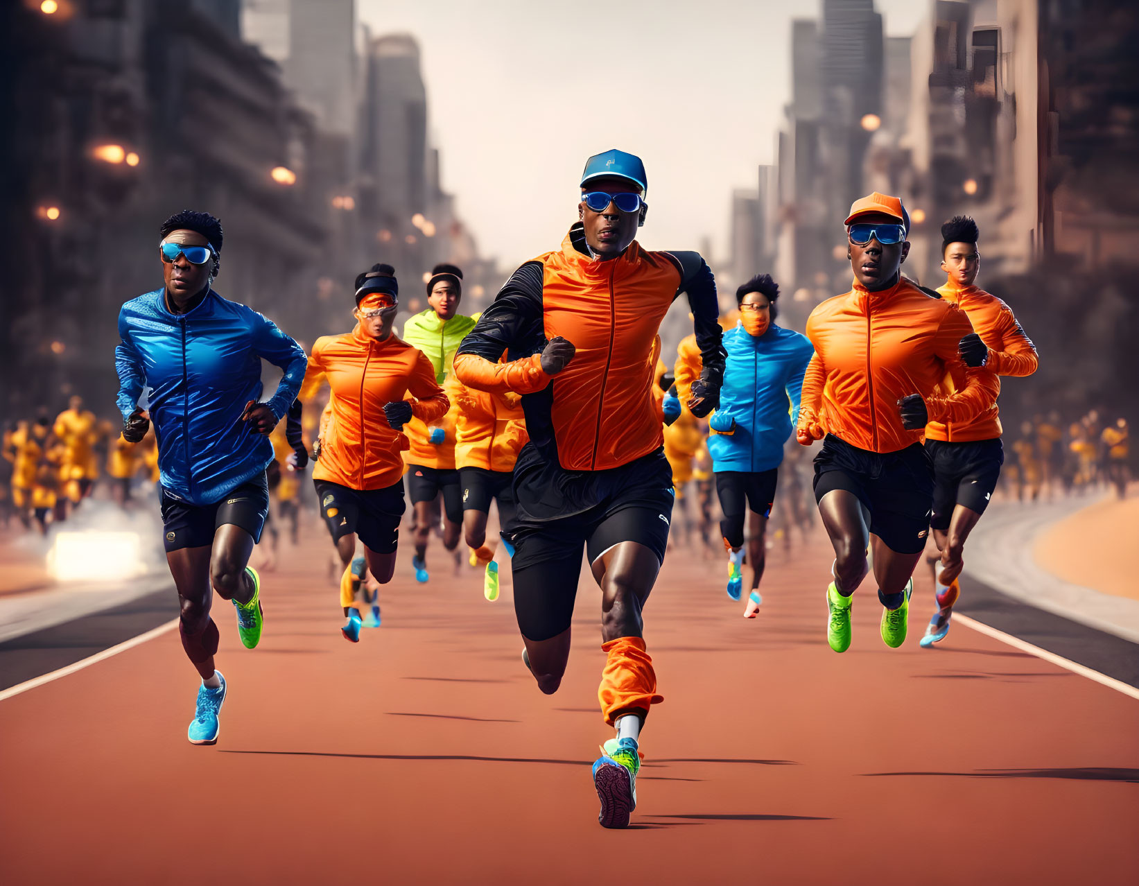 Vibrant runners in colorful athletic wear racing on urban street