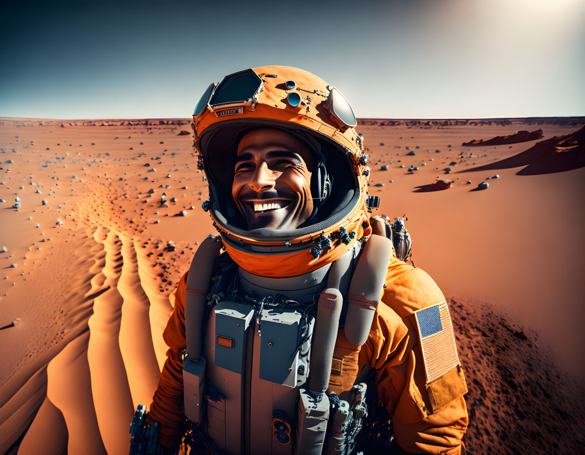 Astronaut in Smiling Spacesuit on Mars-like Desert Landscape