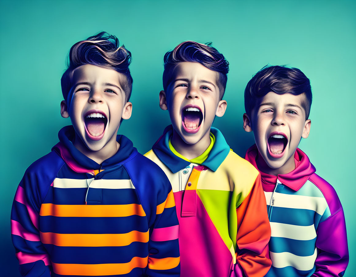 Three boys in matching hoodies with identical hair styles on turquoise background