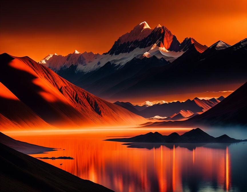 Majestic mountain peaks at sunset casting vibrant orange light over calm lake.