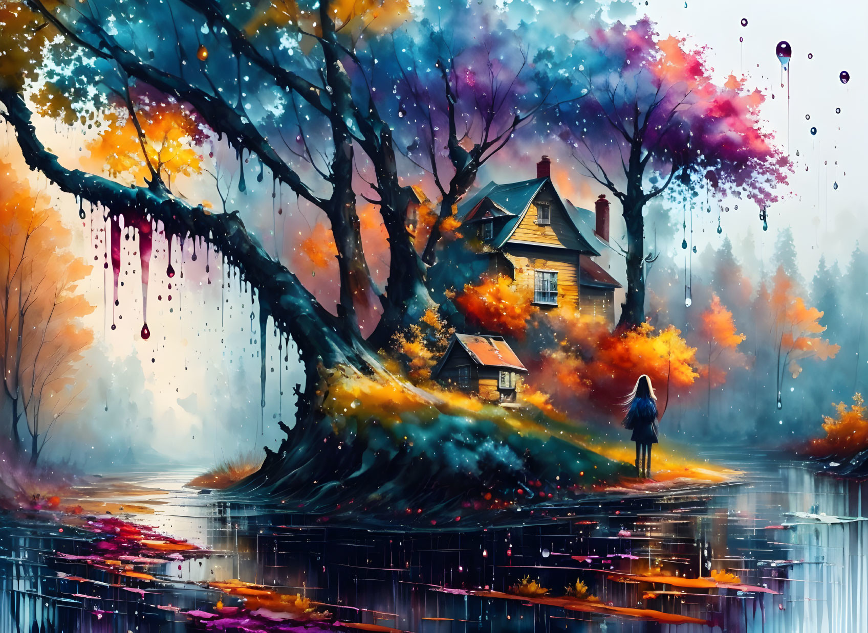 Colorful digital painting of person by reflective lake with whimsical tree and dripping leaves.