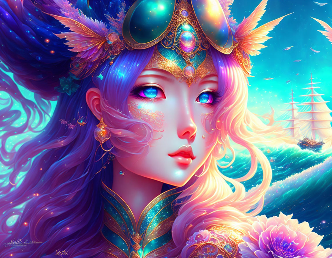 Colorful illustration of mystical female with blue hair and golden headgear, featuring sailing ship backdrop