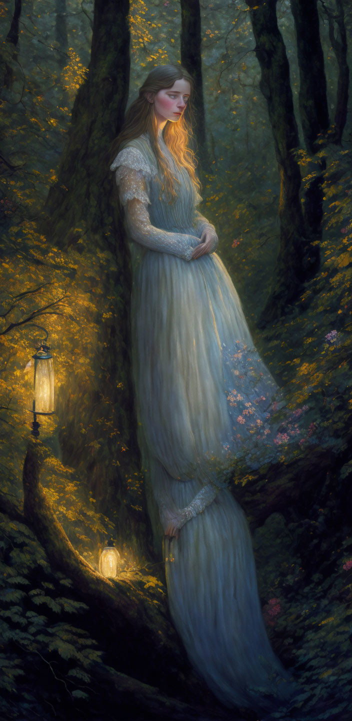 Woman in Blue Dress Stands in Mystical Forest with Lanterns