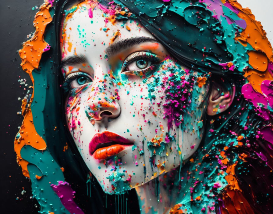 Colorful paint splatters on woman's face and hair against black background