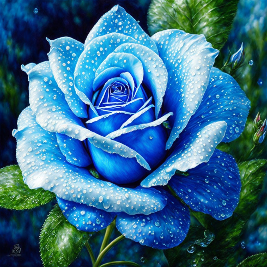 Vivid blue rose with droplets on petals against dark leafy background