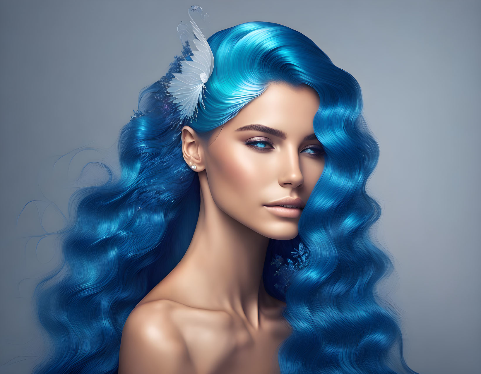 Woman with Vibrant Blue Wavy Hair and Feather Accessory Side Profile