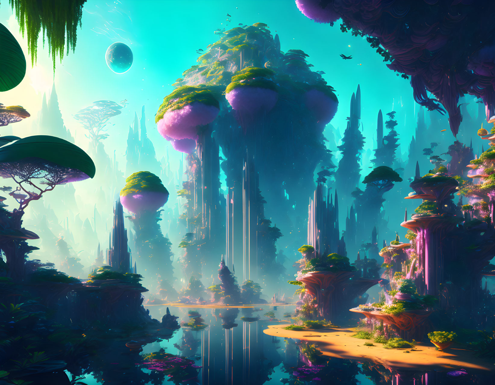 Colorful alien landscape with floating islands and towering pillars reflected in water.