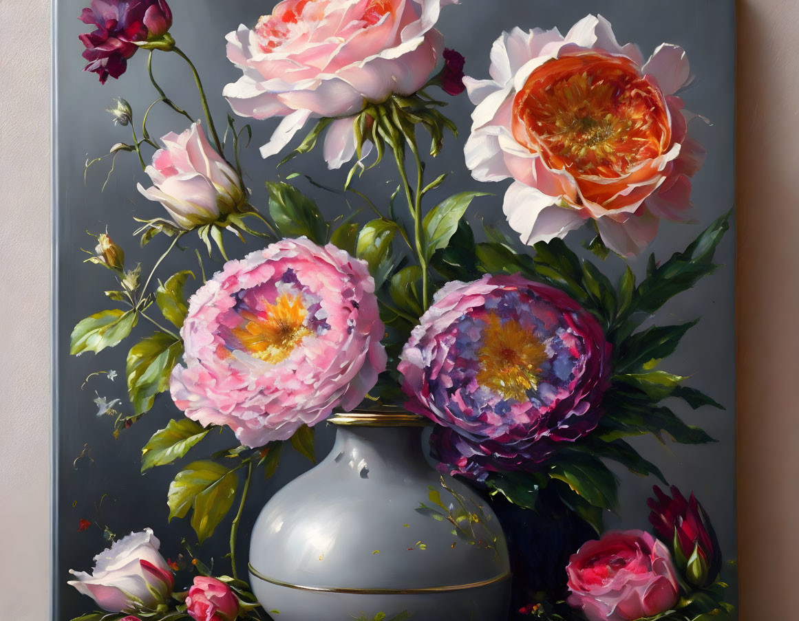 Colorful oil painting of pink and orange roses in white vase on dark background