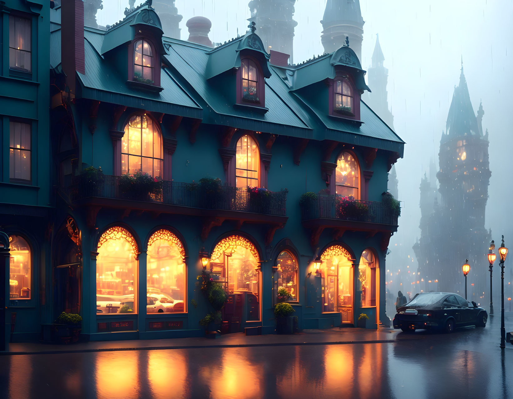 Rainy evening scene of vintage-style building with lit windows and car parked outside, reflecting lights on wet