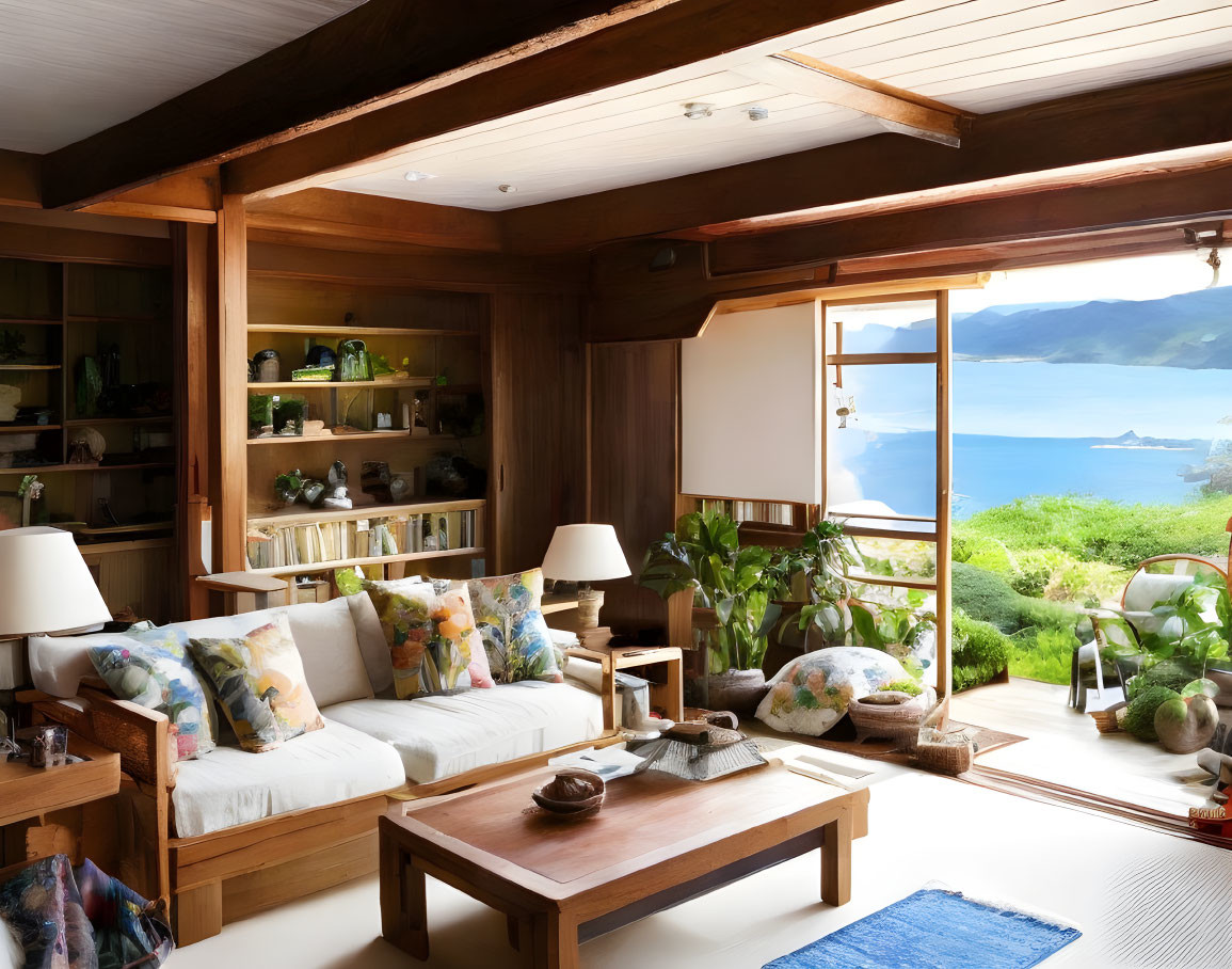 Wooden Interiors Living Room with Ocean View & White Sofa