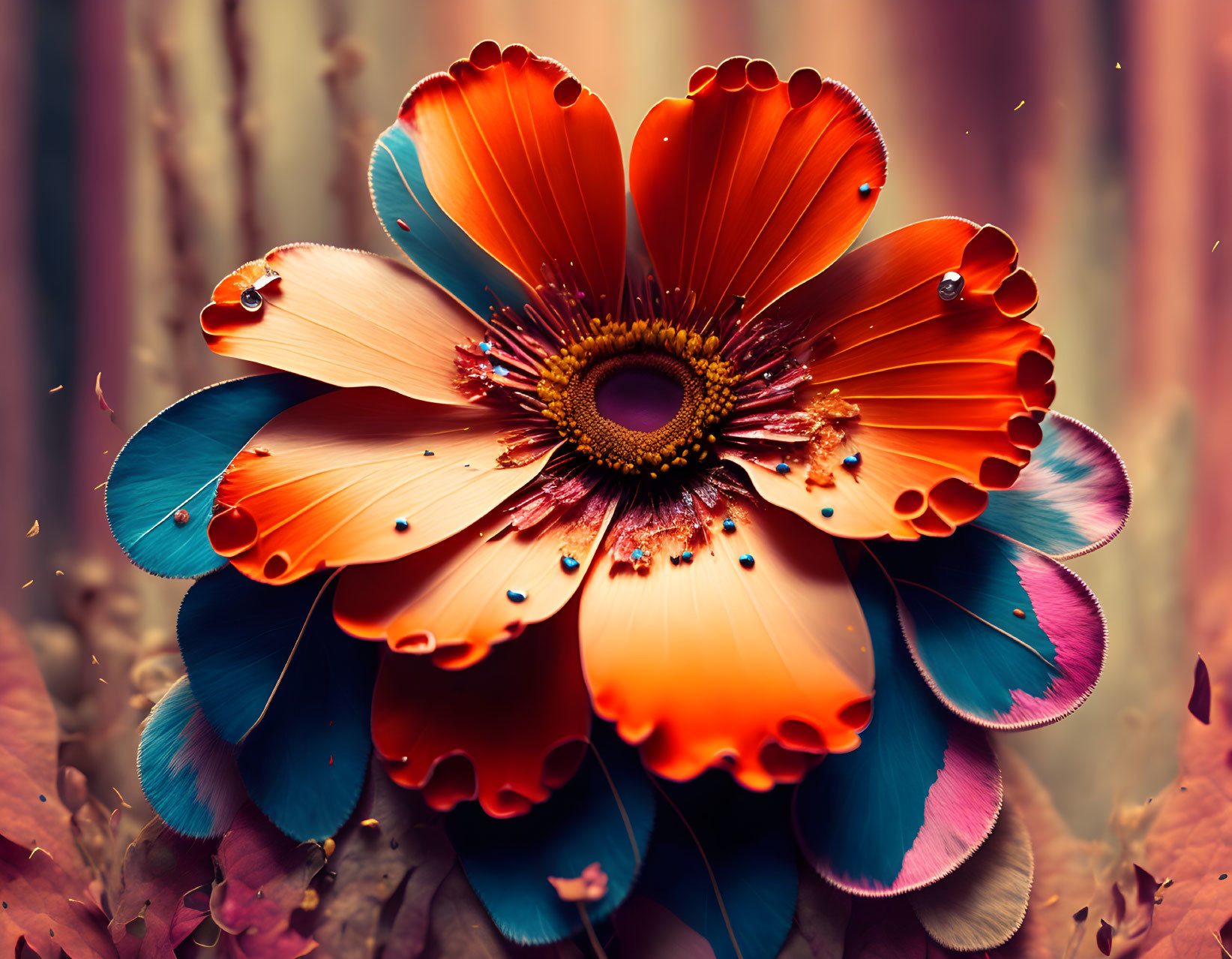 Colorful digital art: Vibrant flower with orange and blue petals, water droplets, insects,