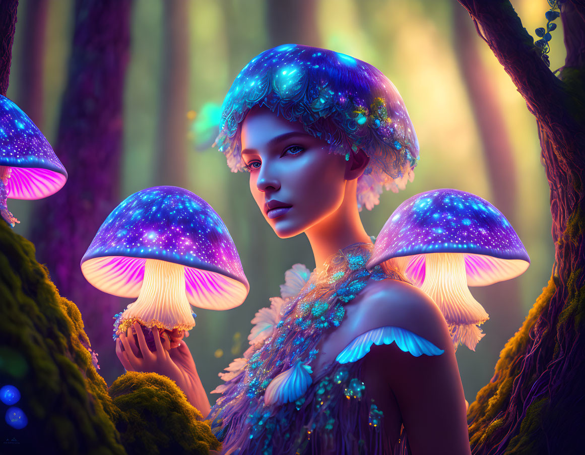 Fantastical portrait of woman with glowing mushroom cap headdress