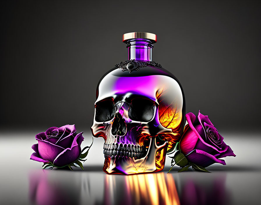 Iridescent Skull Bottle with Purple Roses on Dark Background