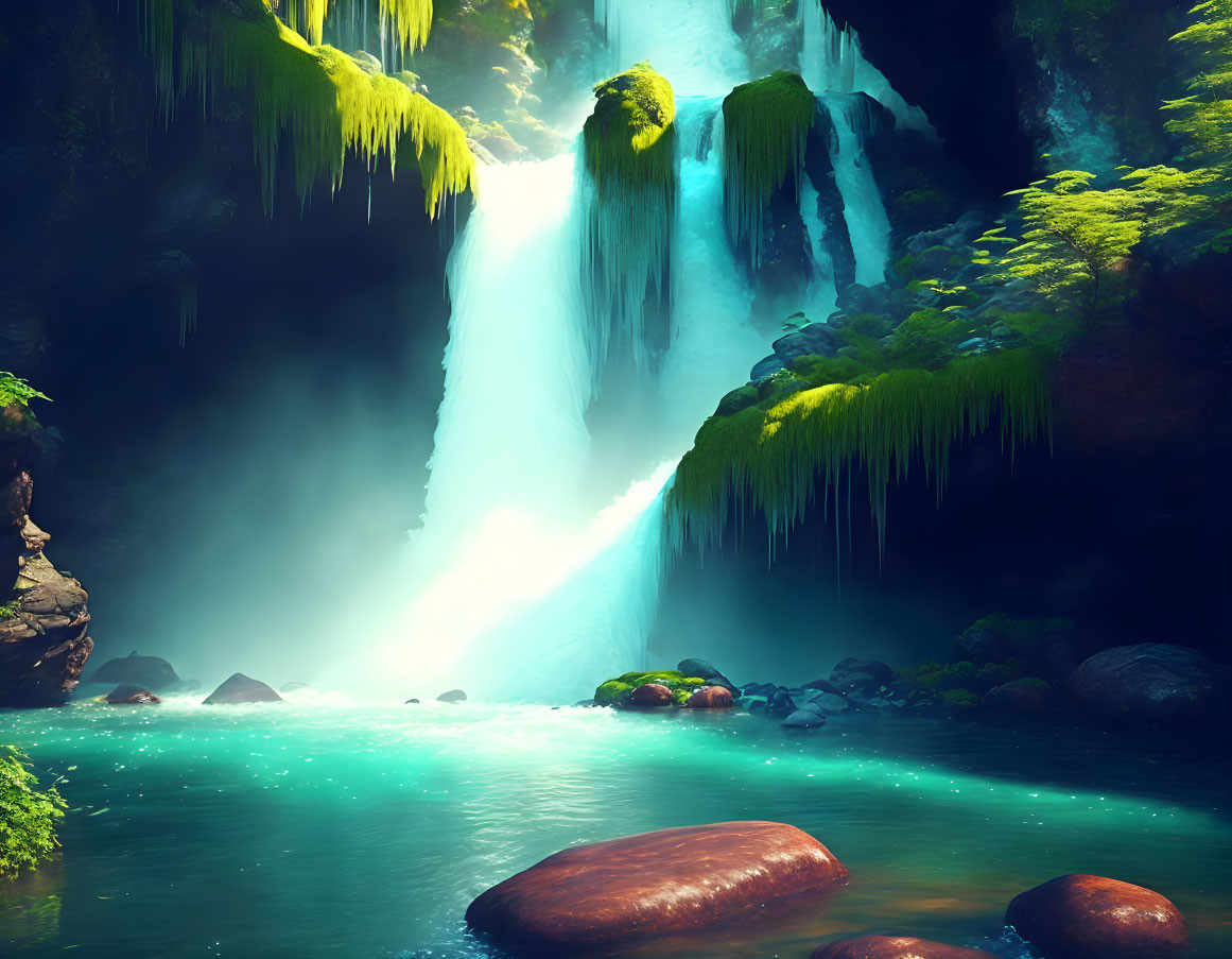 Tranquil waterfall scene with sunlight, greenery, moss-covered rocks, and blue pool