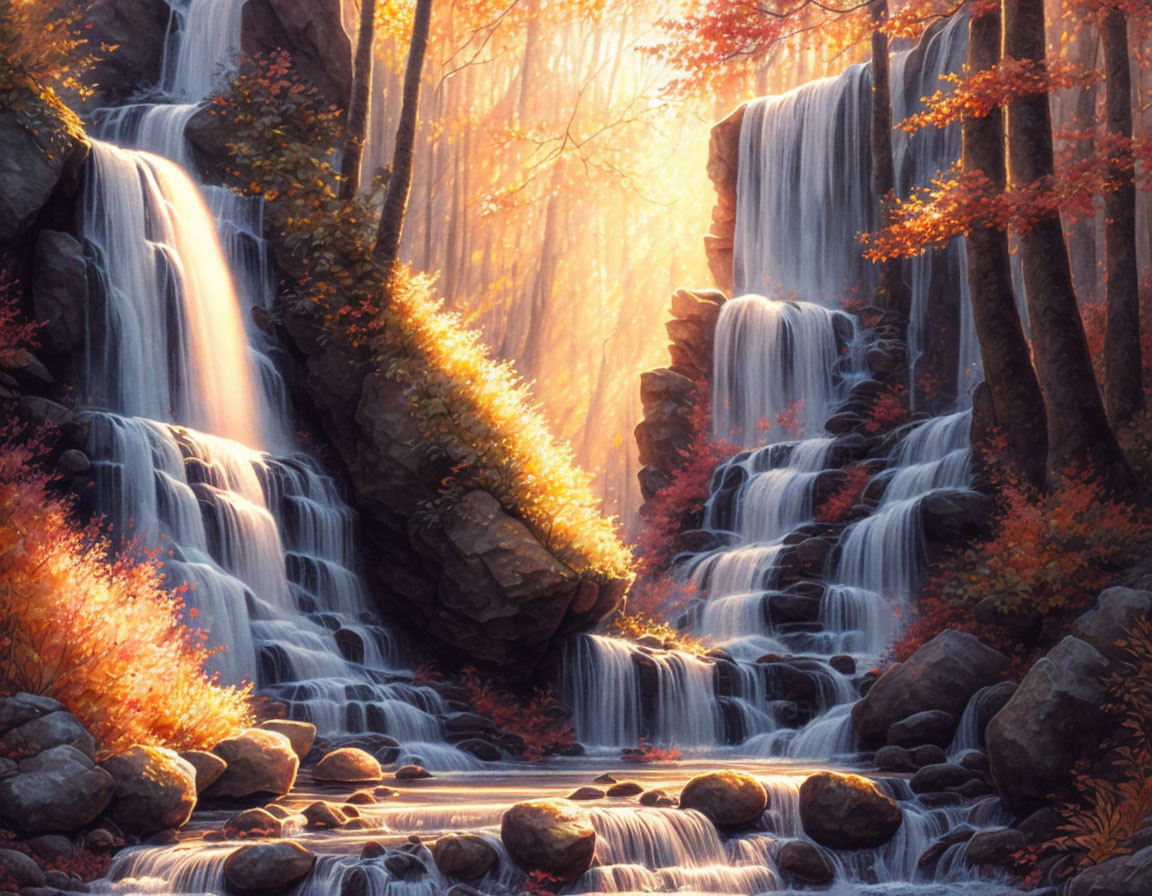 Tranquil waterfall cascading over rocky tiers amid autumn trees in sunlight