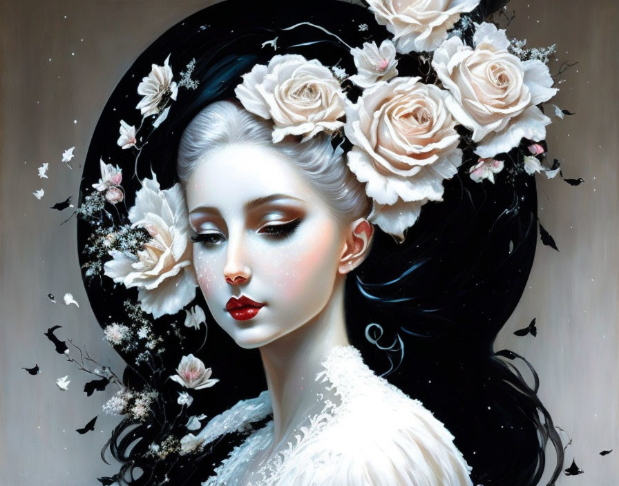 Woman with Pale Skin and Dark Hair Adorned with White Roses in Dreamy Setting