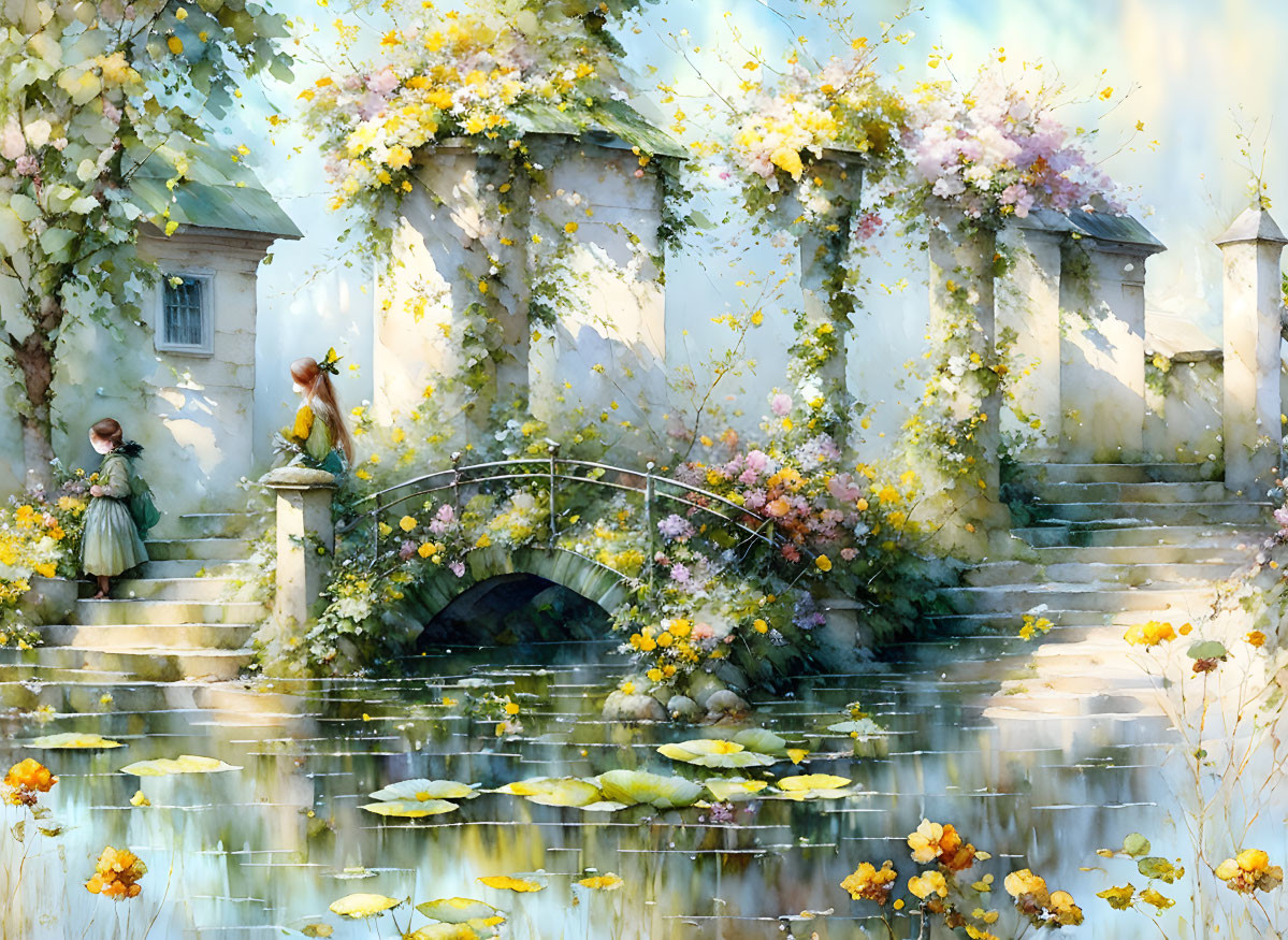 Watercolor painting: Two people on stone bridge in blooming garden with water lilies.