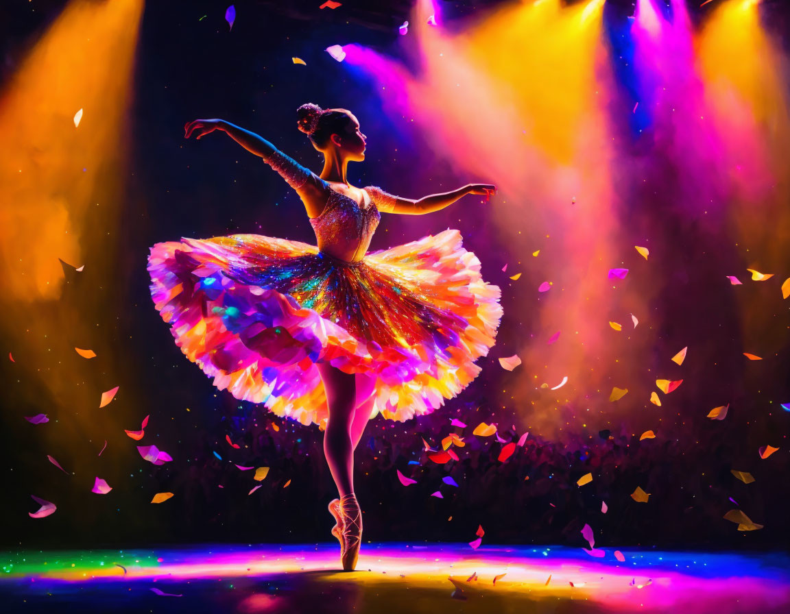 Ballerina on Stage in Sparkling Tutu with Colorful Lights