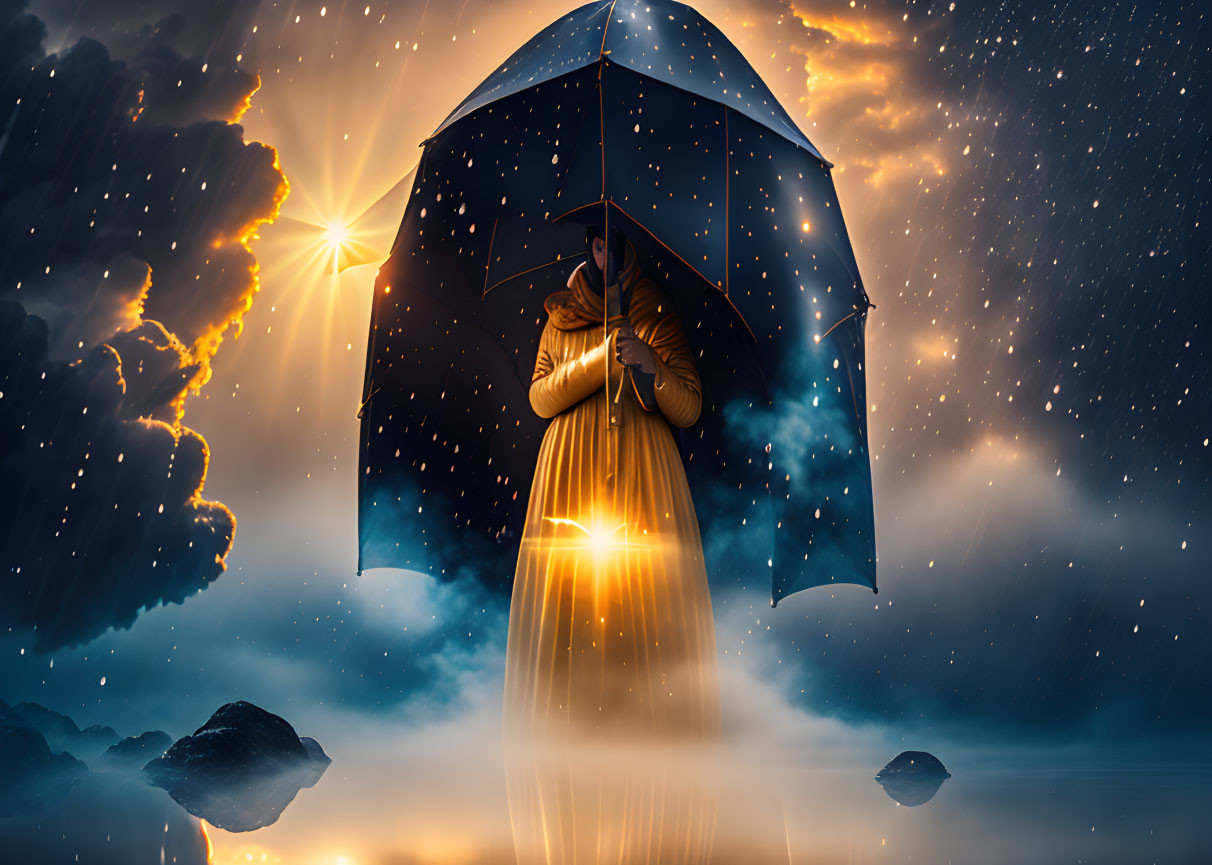 Person in yellow dress under surreal cosmic sky with stars, clouds, and celestial body