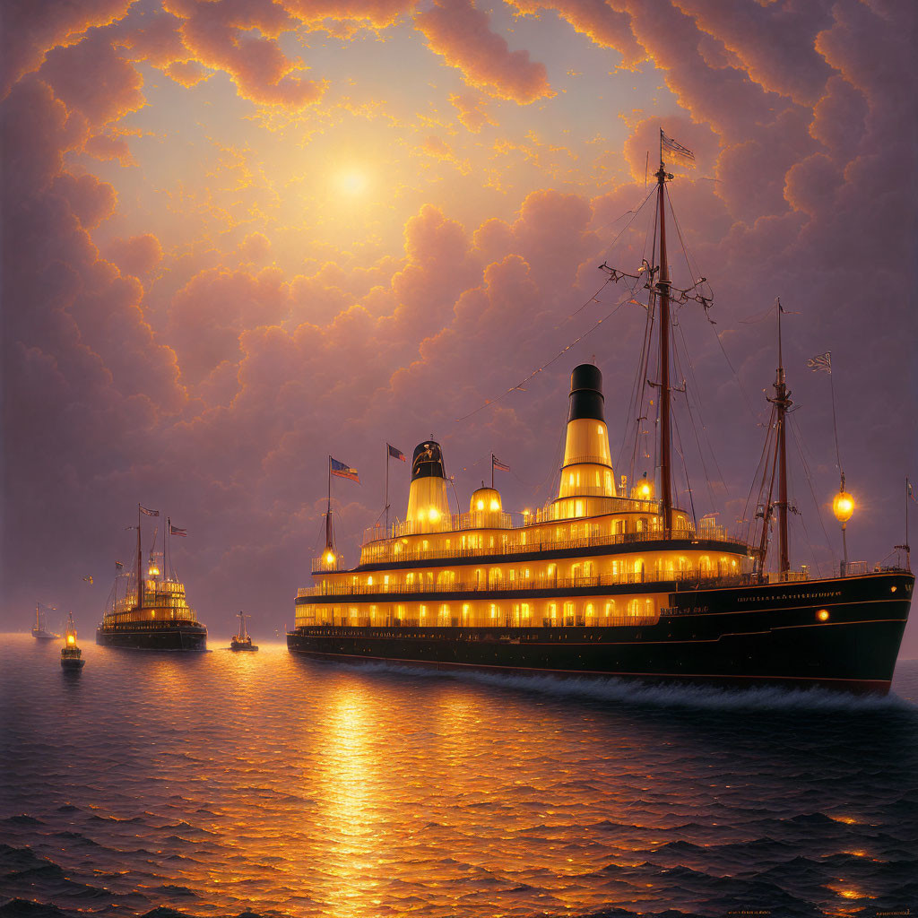 Vintage passenger ships illuminated at dusk on calm waters with orange-tinted sky and billowing clouds.