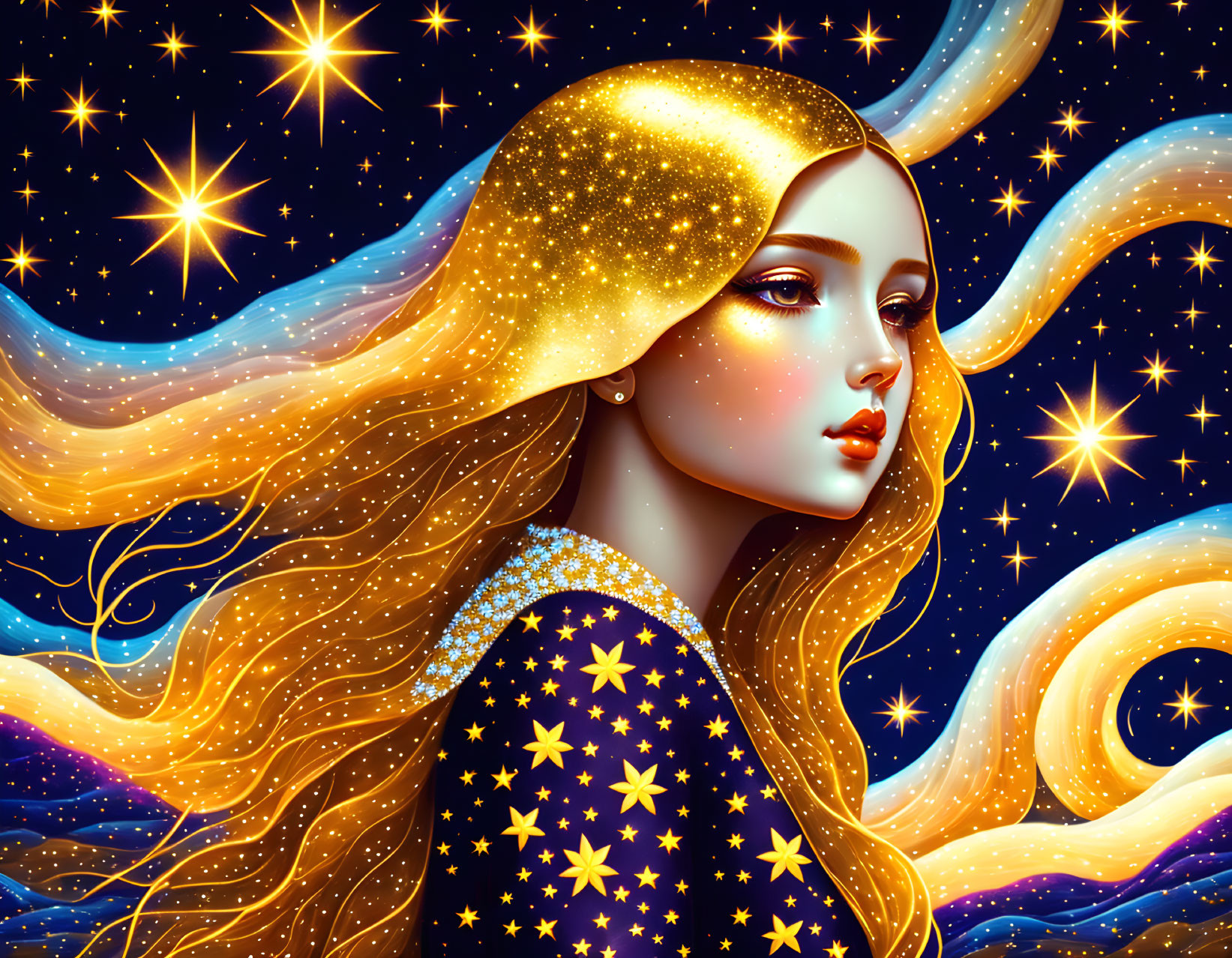 Woman with Golden Starry Hair in Cosmic Night Sky Scene