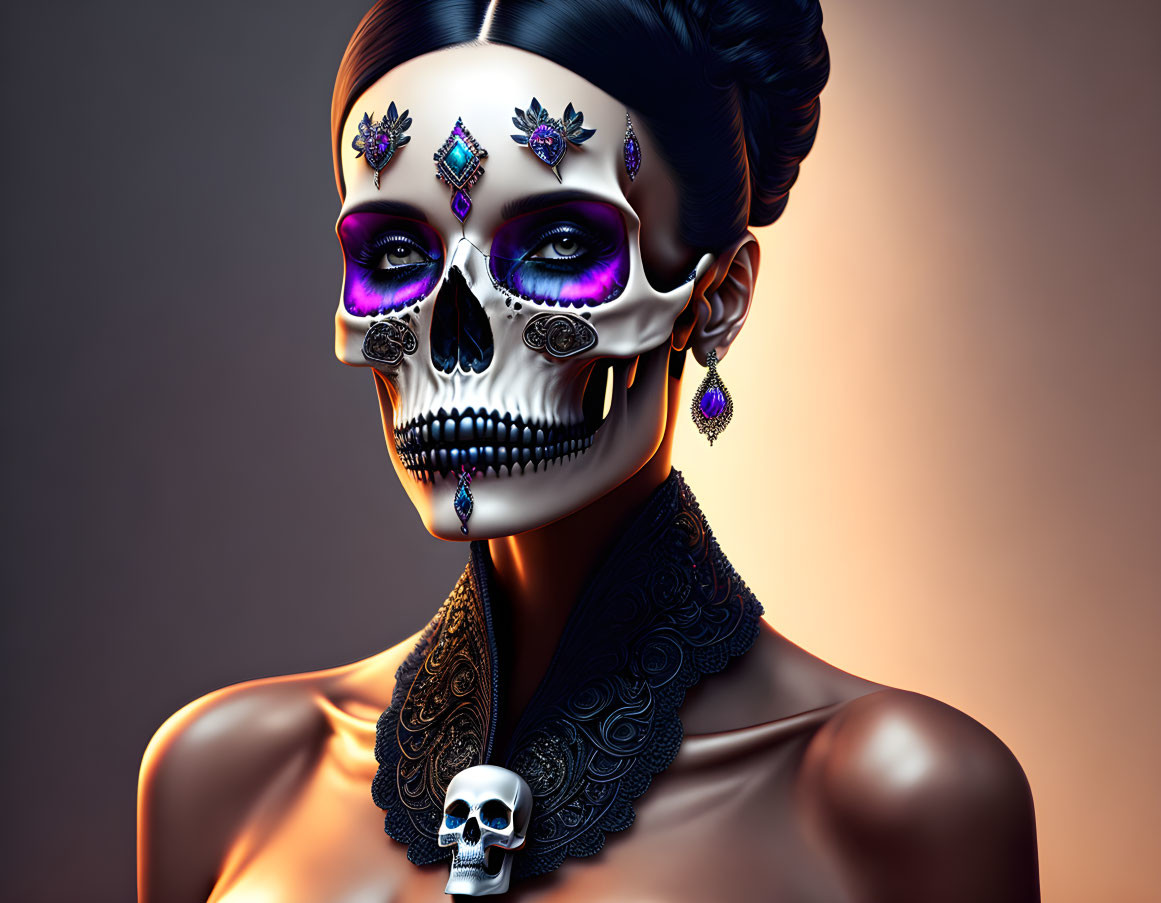 Digital artwork: Woman with split visage - skull & flawless makeup on brown backdrop