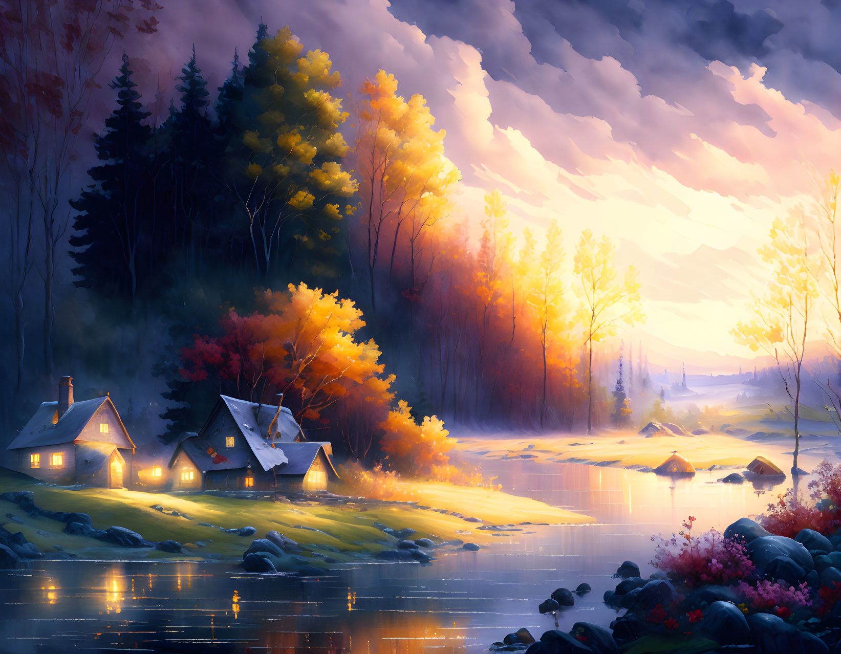 Tranquil autumnal landscape with cozy cottages by a calm lake