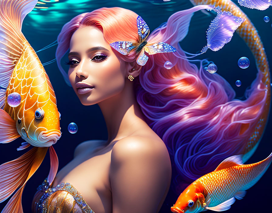 Fantastical image: Woman with pink hair, butterfly accessory, goldfish, bubbles underwater