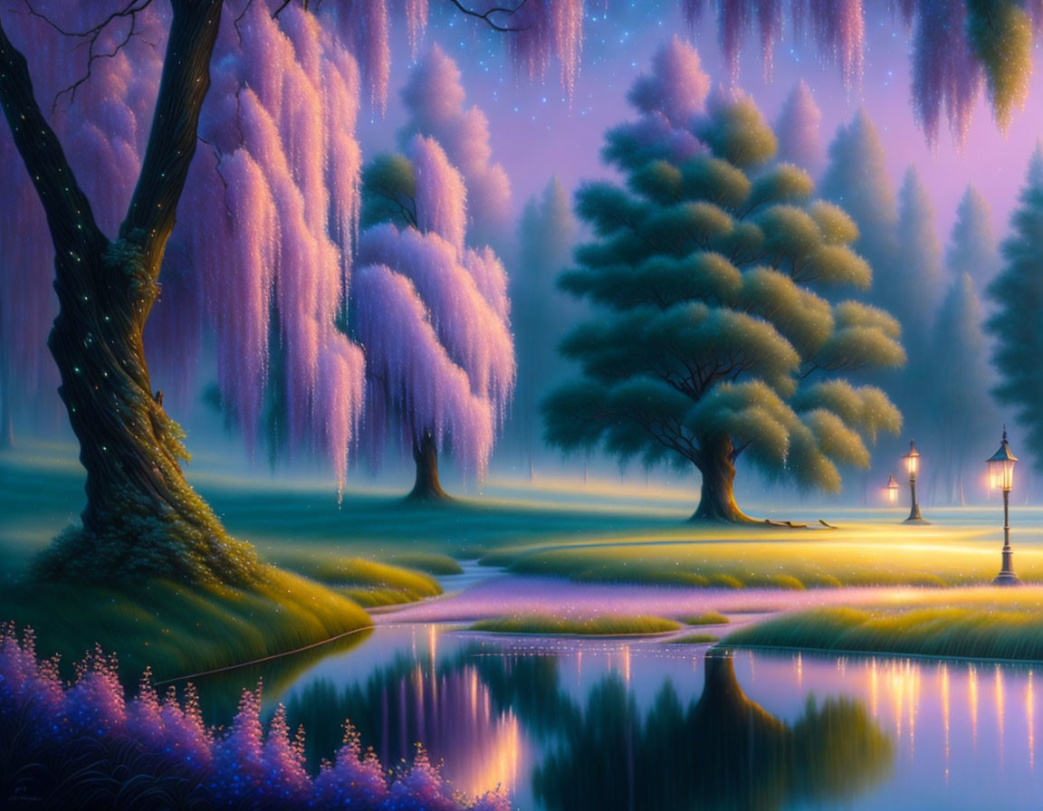 Ethereal landscape with weeping willow trees and serene river at twilight