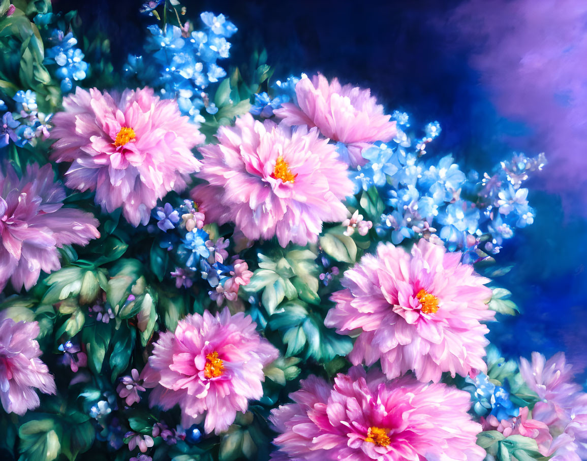 Colorful Floral Painting with Pink Peonies and Blue Flowers