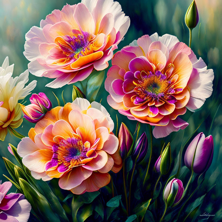 Detailed Painting of Blooming Flowers in Pink and White